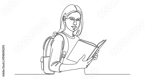Foto Young Female Student with Backpack Reading Book in Continuous Line Art