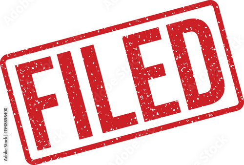 A red rectangular rubber stamp with a grunge effect clearly displaying the word FILED on white
