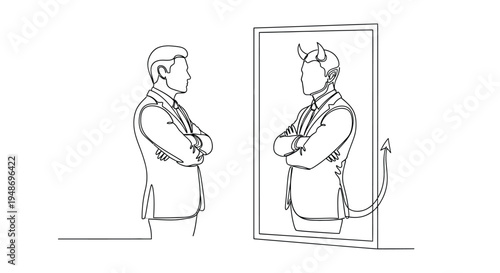 Tableau sur toile Man Sees Inner Devil Reflection, Continuous Line Drawing Concept