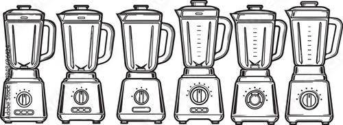 A row of six different blenders displayed in a black and white illustration. Vector