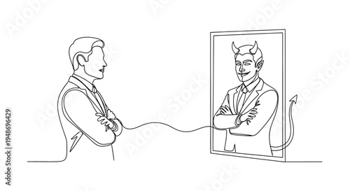 Quadro su tela Man & Smiling Devil Reflection Connected by Line Art Concept