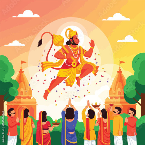 Illustration of a religious deity with devotees and temples