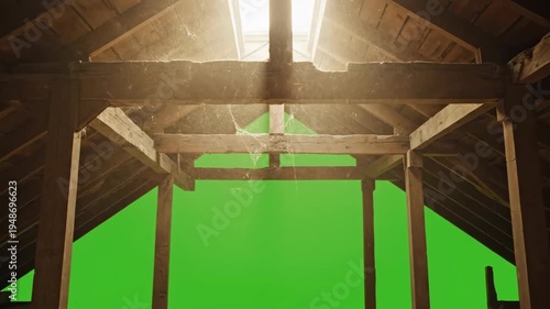 Rustic wooden frame structure with green screen backdrop indoors
