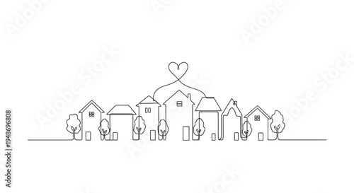 Community Houses with Heart - Neighborhood Love Line Art