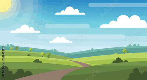 Pixelated landscape depicting a sunny day with rolling green hills