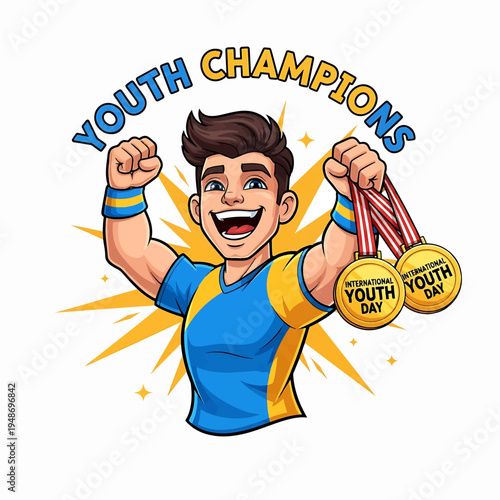 Youth Champions Wrestler with Gold Medals and Victory Pose