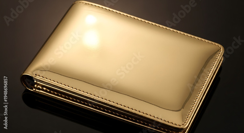 Shiny golden wallet resting on a dark surface showcasing its luxurious design and texture.