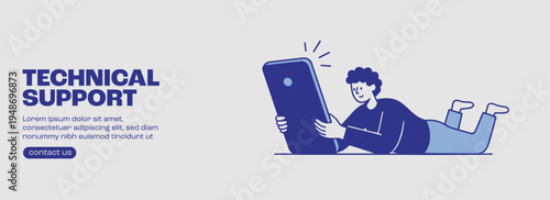 Technical support service banner with person using smartphone for remote assistance representing mobile troubleshooting customer help desk and tech service