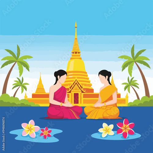 Illustration of two women in traditional dress by a golden temple