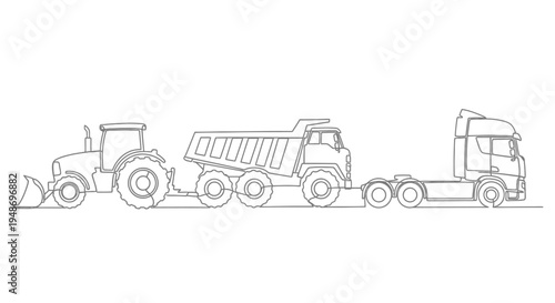 Bild auf Leinwand Construction and Transportation Line Art Truck, Tipper, and Tractor