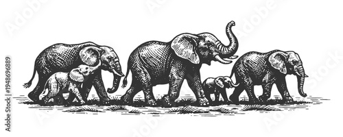 African Elephant Herd with Baby Calves Vector Illustration in Detailed Hand Drawn Engraving Style for Wildlife Conservation and Nature Design