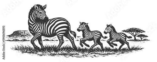 Zebra Family with Foals in Savanna Landscape Vector Illustration in Detailed Vintage Engraving Style Featuring Wild African Animal Stripe Patterns