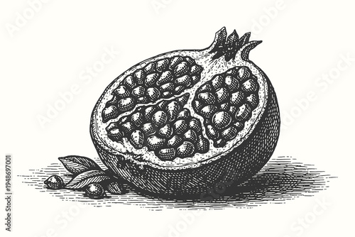 Half Pomegranate Fruit with Seeds Vector Illustration in Detailed Vintage Engraving Style for Healthy Food and Botanical Design Elements