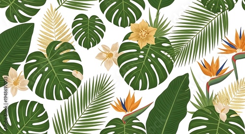 Tropical leaf and flower pattern with monstera, palm, bird of paradise