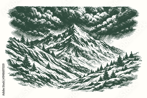 Dark Stormy Mountain Range with Heavy Clouds Vector Illustration in Hand Drawn Engraving Style Depicting Rugged Wilderness and Dramatic Weather