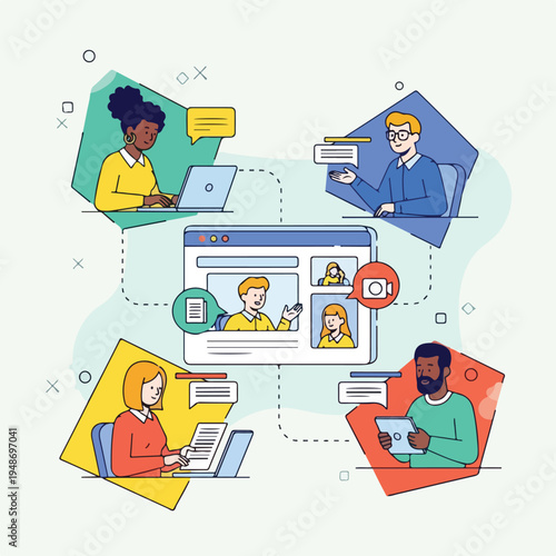 Illustration of a video conference with multiple participants on various devices