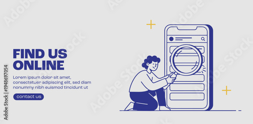WebOnline search concept banner with character using magnifying glass on smartphone interface representing mobile browsing data lookup and digital information discovery