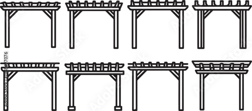 Eight traditional wooden structures with intricate designs and varying shapes Vector