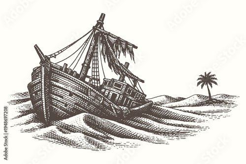 Abandoned Wooden Shipwreck on Sandy Beach Vector Illustration in Detailed Vintage Engraving Style with Palm Tree and Ocean Waves Design
