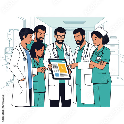 Illustration of a medical team reviewing data on a tablet in a hospital corridor
