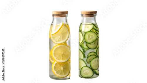 Two glass bottles of infused water with lemons and cucumbers on a black background