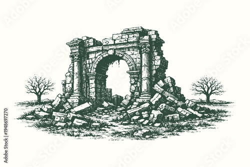 Ancient Roman Ruined Archway Vector Illustration in Hand Drawn Engraving Style Featuring Crumbling Stone Architecture and Barren Trees Design