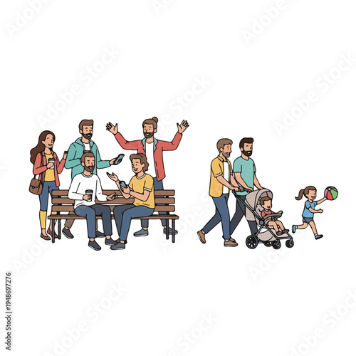 Illustration of diverse people in a park setting, enjoying leisurely activities