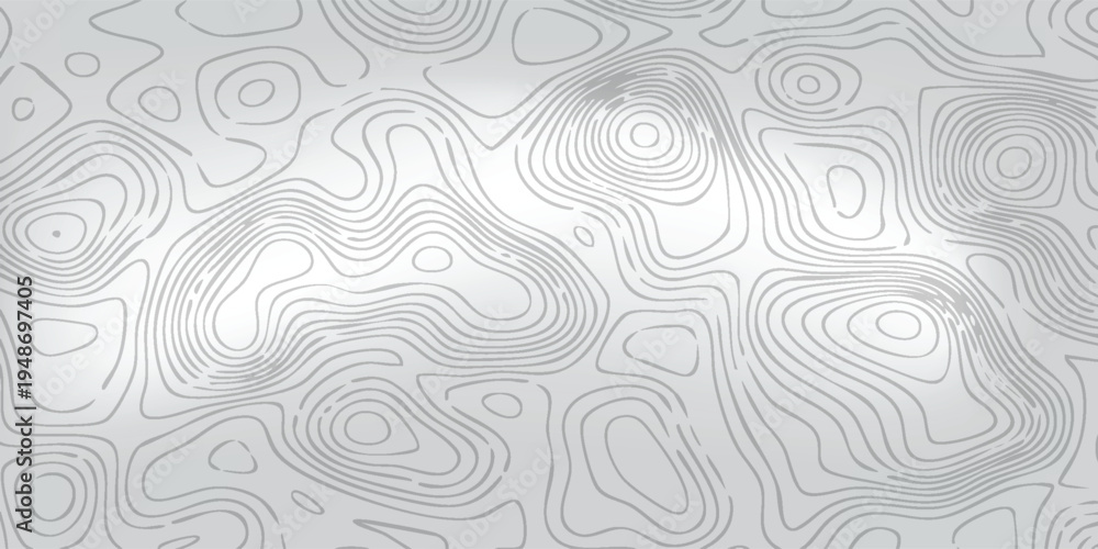 Fototapeta premium Clean cartography-inspired background, gray surface with smooth white terrain contours forming organic shapes.