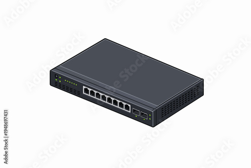 Isometric illustration of a compact black network switch device for data communication and internet connectivity, featuring multiple ethernet ports and status indicator lights on a white background