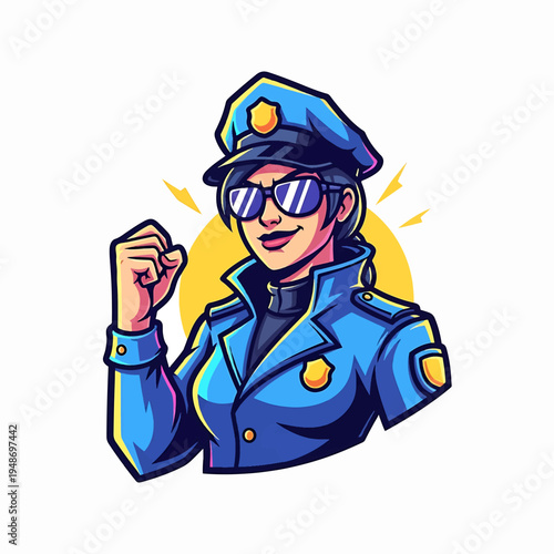 Policewoman Officer in Uniform with Epaulettes and Sunglasses