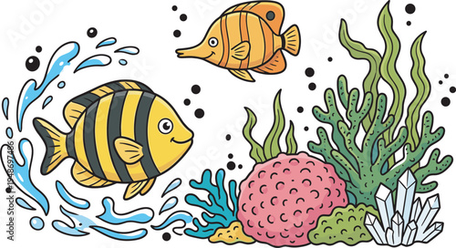 Colorful tropical fish swimming with coral reef sea plants underwater cartoon marine life vector illustration