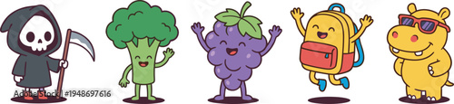 Cute cartoon character collection, funny broccoli grape backpack grim reaper hippo mascot kawaii vector set