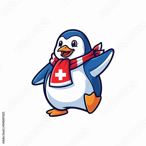 Cartoon penguin with scarf and Swiss cross