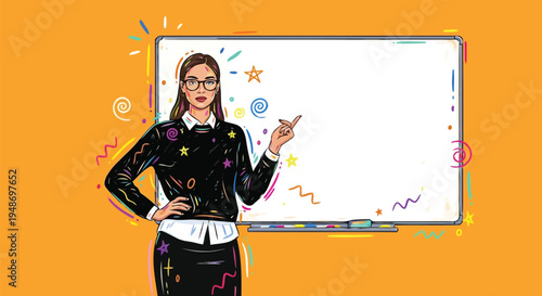 Creative teacher pointing at blank whiteboard with colorful doodles.