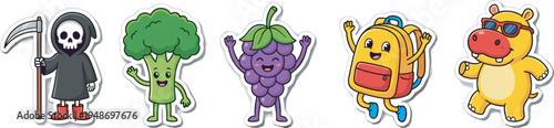 Cute cartoon sticker characters set, kawaii broccoli grape backpack hippo grim reaper mascot vector collection