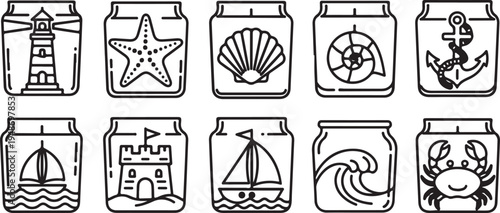 Assorted nautical-themed illustrations on jars and cans Vector