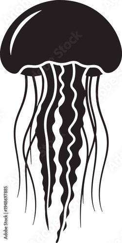 Black and white illustration of a jellyfish with long tentacles