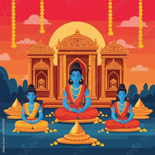 Illustration of figures seated in meditation with a temple backdrop