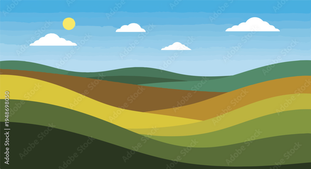 Fototapeta premium Pixelated landscape depicting hills, clouds, sun and sky