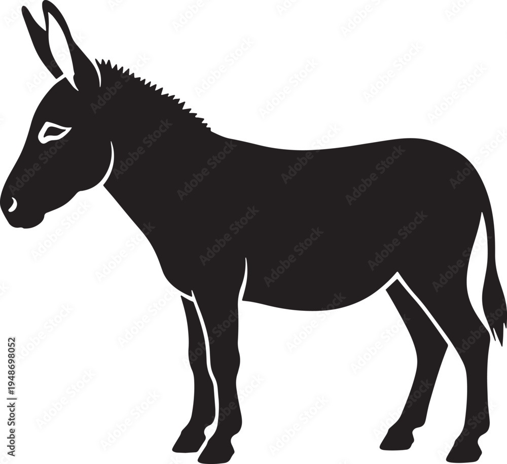 Fototapeta premium Black silhouette of a donkey standing alone on white background