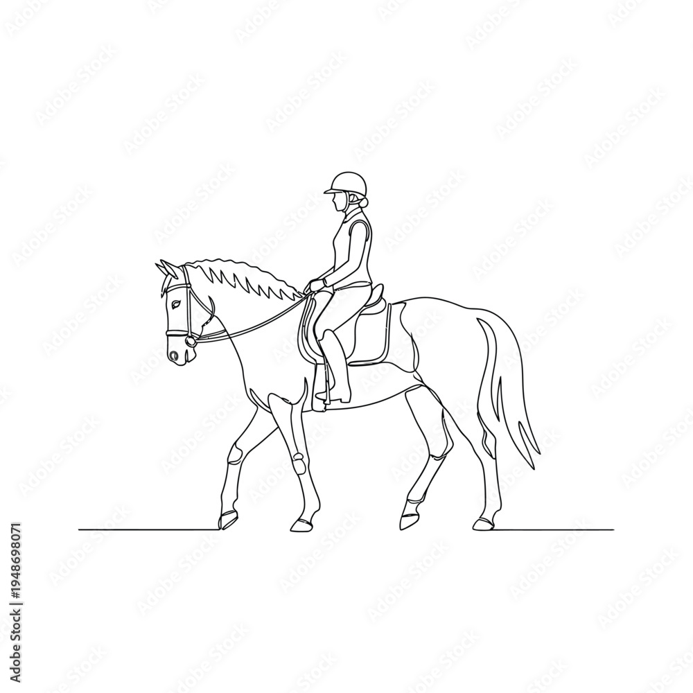 Fototapeta premium Equestrian sport illustration rider on horseback in a clean, single line style.