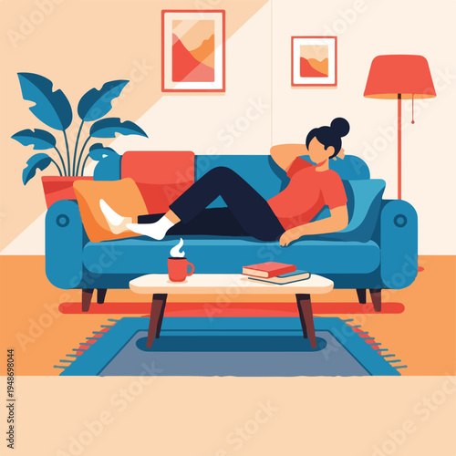 Illustration of a woman relaxing on a blue sofa in a brightly lit room