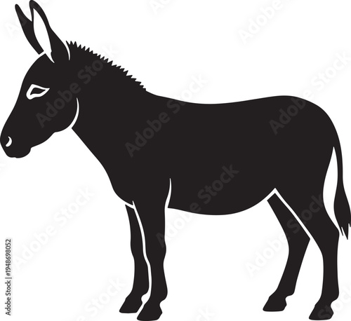 Black silhouette of a donkey standing alone on white background