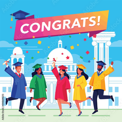 Illustration of diverse graduates celebrating with confetti and a banner