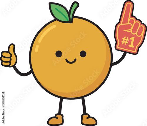 Cute orange fruit mascot with foam finger, happy cartoon sports fan character vector illustration
