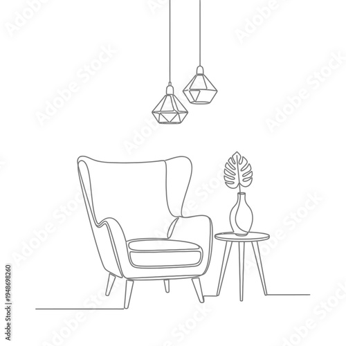 Continuous line art of a cozy interior with armchair, table, and pendant lights