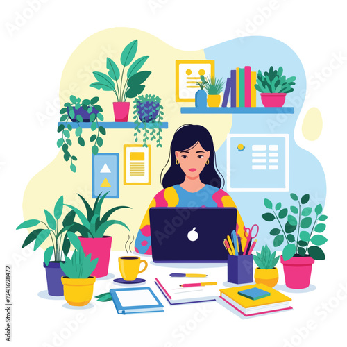 Illustration of a woman working on laptop at her desk surrounded by plants