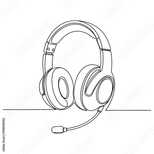 Modern over-ear headphones with microphone. Continuous line drawing.
