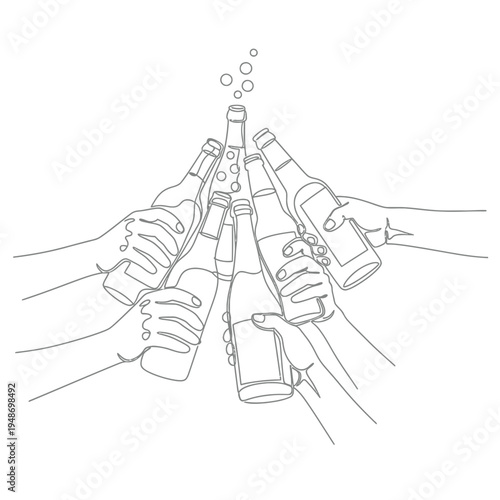 Group of hands toasting with beer bottles in a continuous line art.