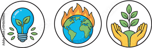 Environmental protection icons set, green energy light bulb global warming earth plant care vector illustration